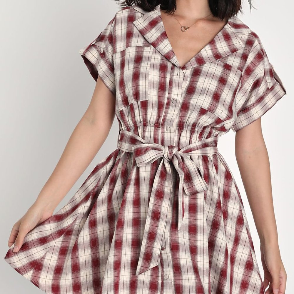 Lulu's Adorable Sensation Ivory and Red Plaid Button-Up Mini Dress